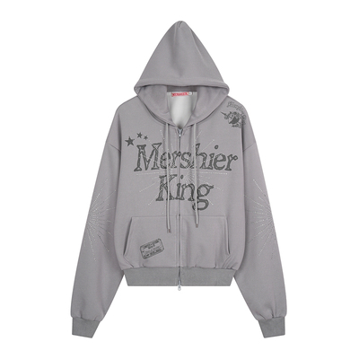 美式复古字母烫钻连帽开衫卫衣