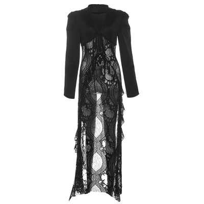 欧美时尚蕾丝拼接系带西装外套女