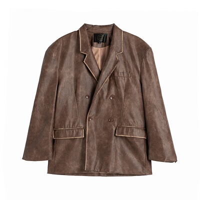 原创设计复古做旧小众皮衣套装