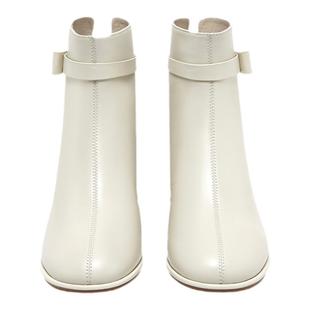 百思图冬商场新款时尚气质白色羊皮靴加绒粗跟短靴女BU257DD4