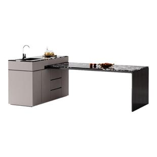 诚骏宝格丽黑岛台餐桌一体L型高端定制多功能旋转吧台桌厨房导台