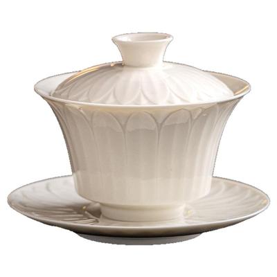 仿宋定窑白陶瓷盖碗大容量不烫手