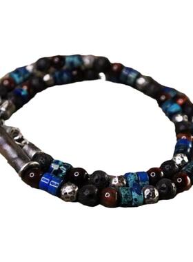 纯银情侣蓝碧玉黑色熔岩串珠项链