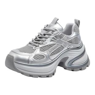 骆驼女鞋2026春季新款时尚休闲鞋厚底增高银色老爹鞋加绒运动鞋子