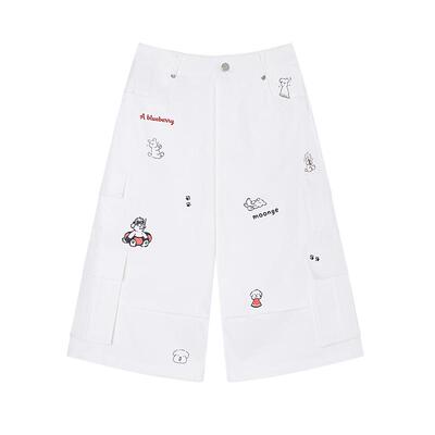 卡通印花白色工装休闲中裤女夏