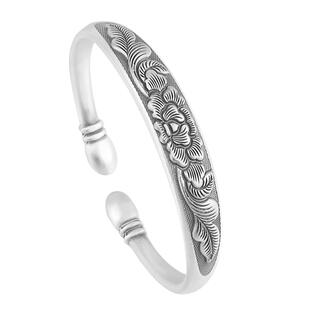 香港正生足银999浮雕牡丹花贵妃手镯女款气质民族风纯银百搭手环
