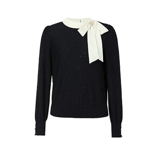 珂莱商场同款2026春季新款蝴蝶结圆领黑色绵羊毛法式套头针织衫女