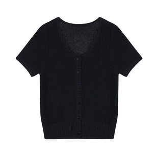 pusumede 慵懒配方 镂空短袖针织开衫女圆领宽松气质通勤t恤上衣