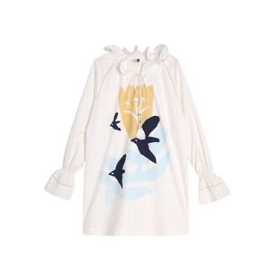 有耳uare原创设计 一抹秋日黄 手绘郁金香飞鸟印花木耳边领连衣裙