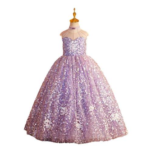 高端儿童礼服亮片舞台走秀主持人钢琴演出长裙女童生日宴会公主裙