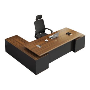 办公桌老板桌椅组合L型双副柜经理桌主管桌胡桃色简约现代大班台