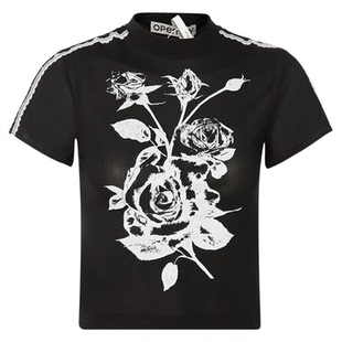 【折扣】OPEN YY 夏花卉图案装饰女短款修身半高领短袖T恤