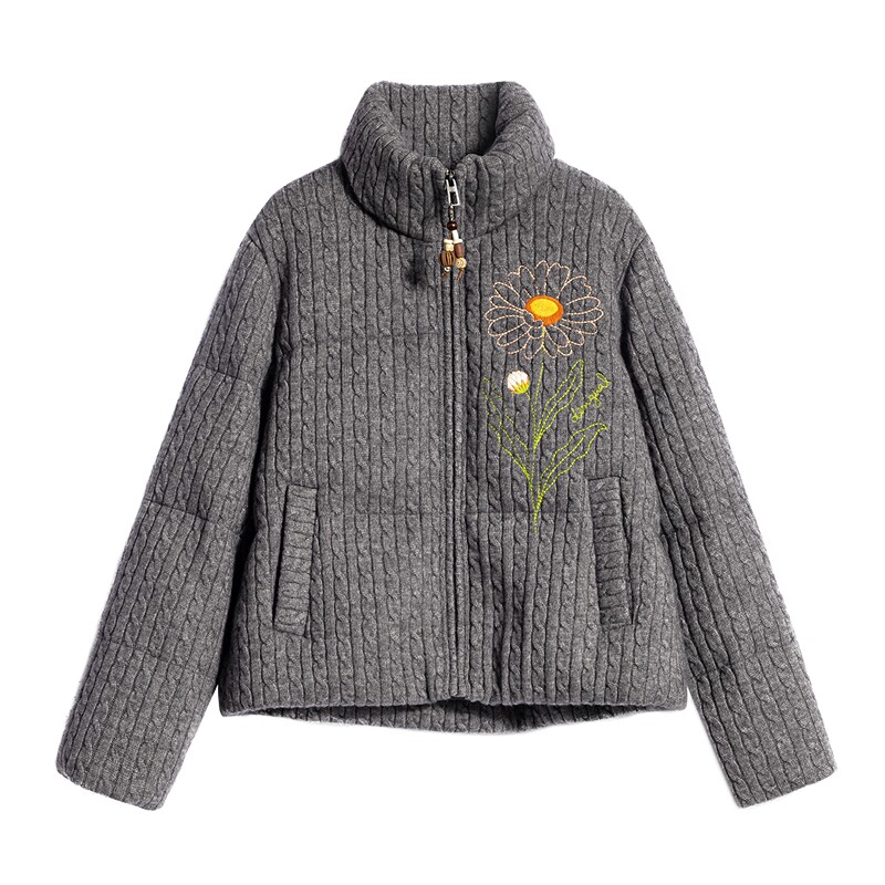 Desigual26秋冬新品灰色针织绞花手绘雏菊刺绣装饰立领女式羽绒服