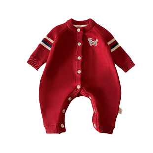 宝宝拜年服冬季婴儿连体衣加厚保暖红色喜庆小月龄外出新年衣服冬