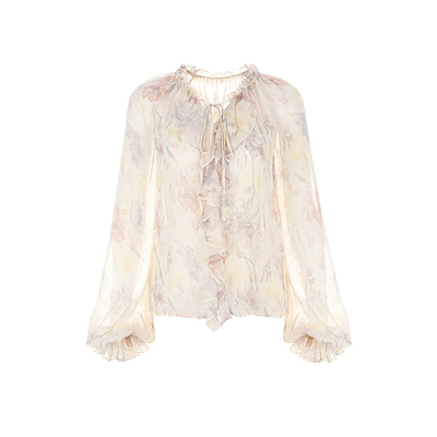 wanatry印花宫廷袖荷叶边衬衫女