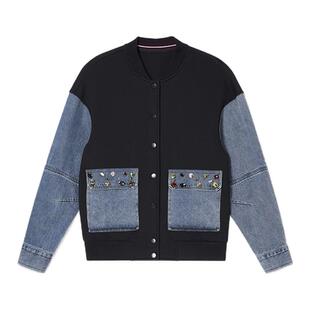 诗篇专选重工彩钻口袋撞色拼接牛仔棒球夹克外套2025款