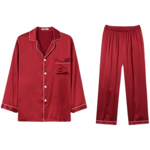 SLKMRKT乃丝红色新中式本命年真丝睡衣套装春秋桑蚕丝结婚家居服