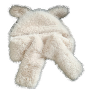 可爱兔子加厚毛绒帽子女2025年冬季帽子围巾一体保暖护耳雷锋帽潮