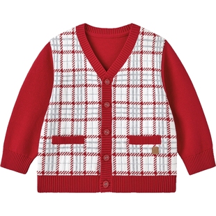 英氏儿童毛衣开衫纯棉外套春秋季男童针织衫新年拜年服红色喜庆