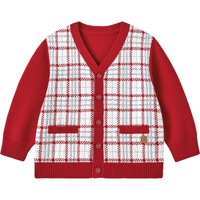 英氏儿童毛衣开衫纯棉外套春秋季男童针织衫新年拜年服红色喜庆