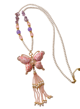 宋锦粉蝴蝶流苏吊坠珍珠水晶项链