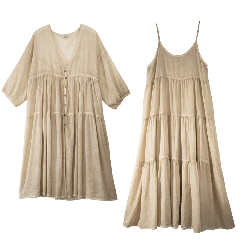又没又仙飘逸长款开衫吊带套装