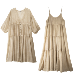 芳尘2025新款宽松慵懒风吊带连衣裙两件套纯棉长开衫超仙吊带长裙