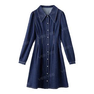 VEE【蓝风聆】春季新款气质长袖收腰显瘦短款牛仔连衣裙百搭长裙