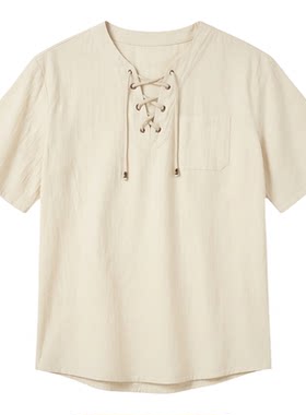 Solid color V-neck casual men's T-shirt纯色V领系带休闲男T恤