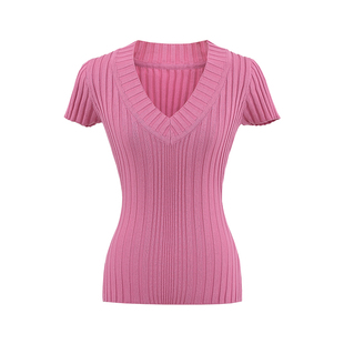 YoungGirlDay纯欲风性感V领修身显瘦弹力收腰纯色短袖针织T恤上衣