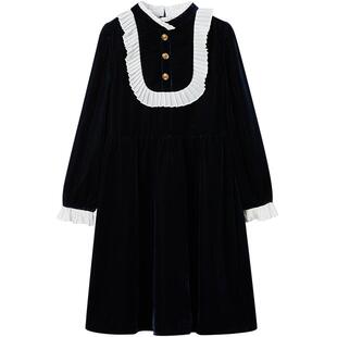 eland kids衣恋童装女童连衣裙冬季休闲复古花边领优雅丝绒裙子