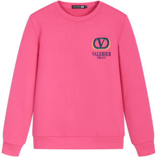 BM潮牌高级感卫衣男2024新款字母刺绣印花圆领玫红色外套男春秋款