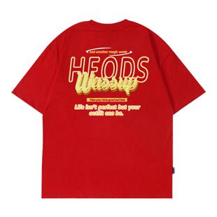 WASSUP HEODS潮牌重磅纯棉短袖T恤男夏季宽松中国红情侣装体恤衫
