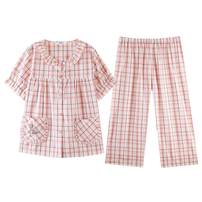 100%梭织棉女夏短袖家居服套装