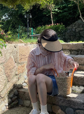 侧面cm空顶草帽女夏防晒遮阳帽防紫外线帽子草编大帽檐发箍太阳帽