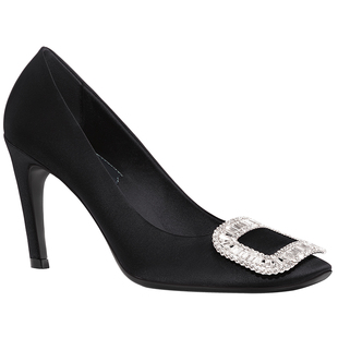 2025早春新款黑色真丝绸缎水钻方扣高跟鞋女细跟圆头欧美RV单鞋子