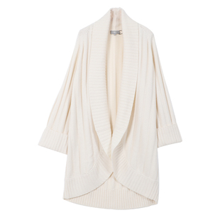 东黎山羊绒  秋冬新款白色中长款女士弧摆大抽条羊绒开衫外套4109