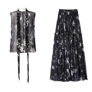 赵露思明星同款黑色碎花连衣裙套装女飘带上衣半身裙两件套裙装夏