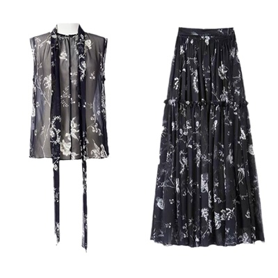 赵露思同款黑色碎花套装裙连衣裙