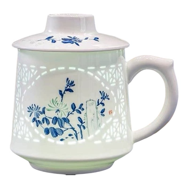 景德镇手绘玲珑百川杯带漏茶杯