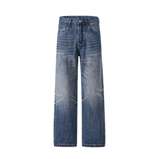 98SQUID 美式复古猫须水洗扎花蓝色牛仔裤男女宽松休闲直筒长裤子