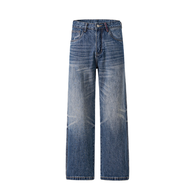 98SQUID 美式复古猫须水洗扎花蓝色牛仔裤男女宽松休闲直筒长裤子