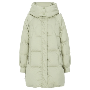 马天奴秋冬新款女装绿色连帽拉链羽绒服中长款外套保暖时尚百搭