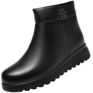 强人3515女靴羊毛棉鞋真皮保暖冬季短靴加绒加厚皮棉靴黑色棉皮鞋