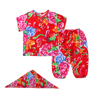 夏季薄款儿童东北大花棉绸门襟套装宝宝民族风家居服睡衣汉服