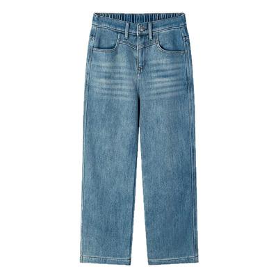 高腰半松紧直筒宽松加绒牛仔裤