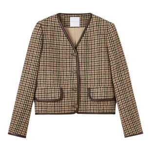 水云间咖色格纹毛呢外套女短款v领羊毛大衣呢子保暖2025秋冬新款