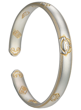 吴越老银铺足银9999财猫吉手镯古法描金银手镯开口可调节银镯子