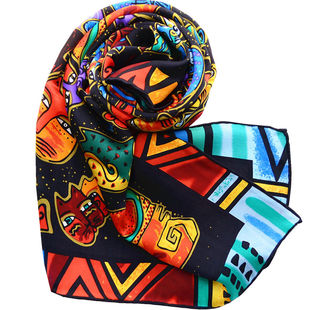 黑色猫咪真丝大方巾彩虹卡通动物围巾黄色桑蚕丝披肩杭州丝绸丝巾