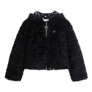 UNIFREE黑色兔耳朵毛绒外套复古美式加厚保暖连帽宽松上衣